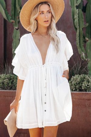 2023 Bikini Cover-Ups White Tunic V-Neck Butterfly