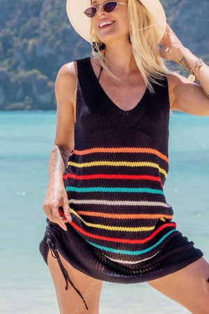 2023 Black Crochet Tunic Bikini Cover-Ups Striped