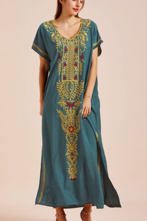 2023 Embroidery V-Neck Short Sleeve Summer Beach D