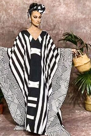 2023 Indie Folk Striped Long Kaftan Casual V-Neck