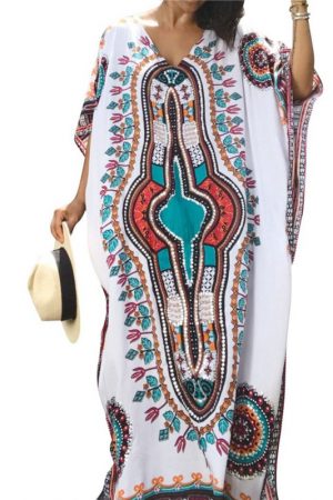 2023 Printed V-Neck Long Chiffon Tunic Beach Dress