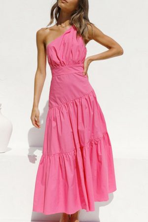 2023 Red Boho Asymmetrical Solid Color One Shoulde