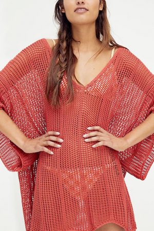 2023 See Through Mesh Knited Bikini Cover-Ups Red