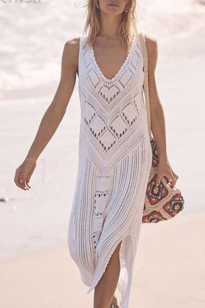 2023 Sleeveless Bikini Cover-Ups White Crochet Tun