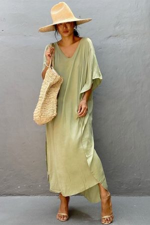 2023 Solid Long Kaftan Casual V-Neck Robe Summer B
