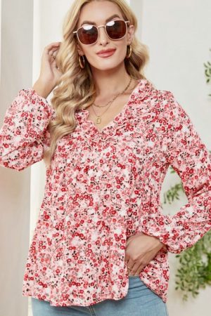 All Floral V-Neck Lantern Sleeve Blouses Women Aut