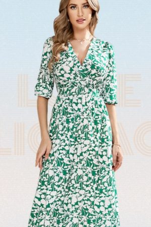 All Over Floral Print Lantern Sleeve High Split Fl