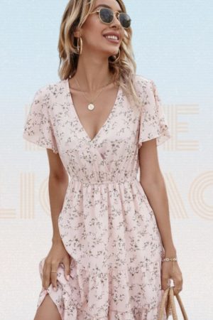 Allover Ditsy Floral Print Ruffle Hem A-Line Dress