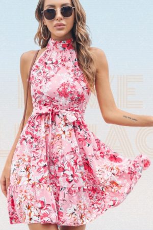 Allover Floral Belted Ruffle Hem Halter Dress Wome