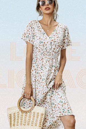 Allover Floral Print Shirred Waist Flared Hem Dres