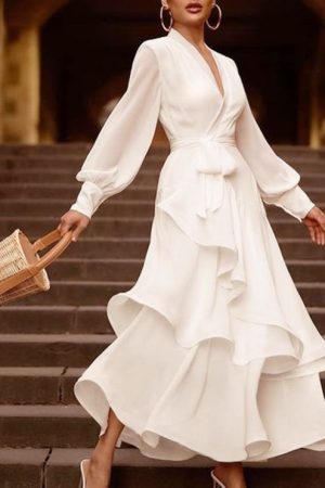 Elegant White Chic V Neck Dress 2023 Spring/Autumn