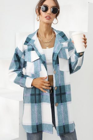 Autumn And Winter Women's Checked Long-Style Lapel