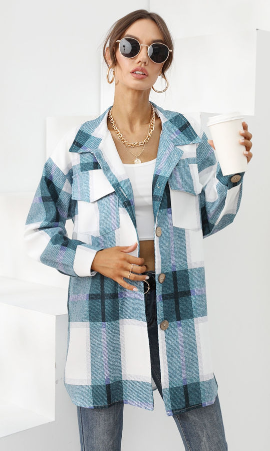 Autumn And Winter Women's Checked Long-Style Lapel