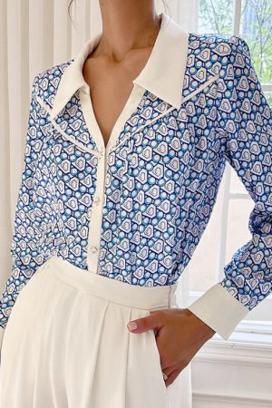 Autumn Designer Shirt Women Elegant Blue Print Dia
