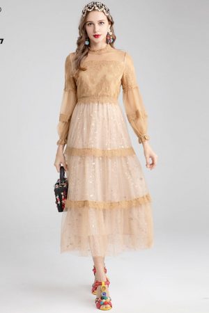 Autumn Dress Women's Lantern Sleeve Lace Splicing