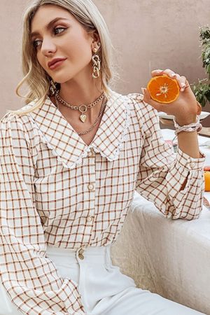 Autumn Office Lady Gingham Square Pattern Shirt Wo