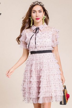 Autumn Pink Dress Women's Short Sleeve Polka Dot R