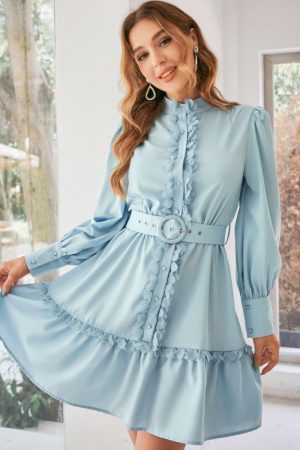 Autumn Ruffle Belt Blue Elegant Women Dress Frills