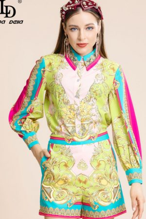 Autumn Runway Vintage Shorts Suit Women Turn-Down
