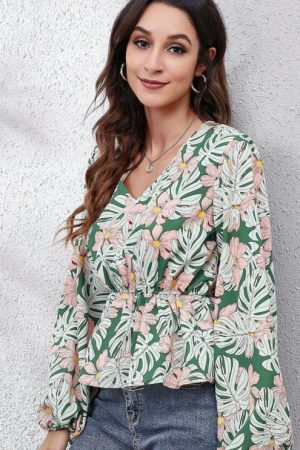 Autumn Winter Floral Chiffon Blouses Women V-Neck