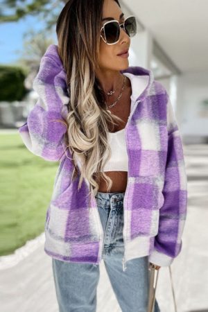 Autumn Winter Hooded Women Plaid Coat Jacket Casua