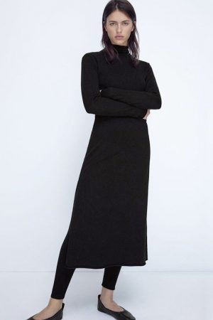 Autumn Women Knitted Dress Black Long For Ladies E