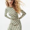Autumn Women Knitted Dress Green Printing Long For