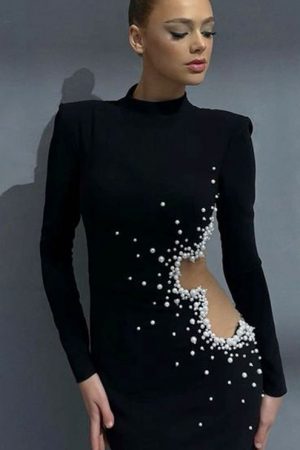 Beaded Luxury Black Long Sleeve Elegant Party Dres