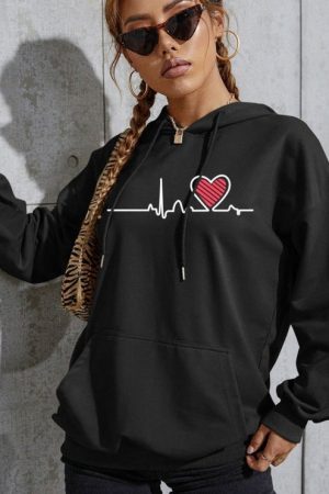 Black Heart Print Hoodies Women With Solid With Ka
