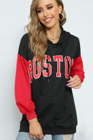 Black Red Patchwork Hoodies Women Autumn Casual Lo