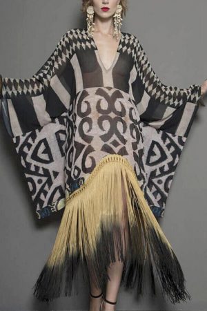 Boho Code Print Tassel Loose Dress Casual Autumn V