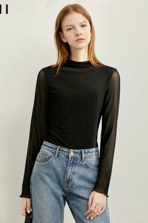 Bottoming Tops Women's T-Shrit Causal Solid Mesh S