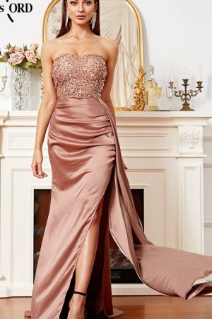 Brown Strapless Sleeveless Sequin Satin Split Thig