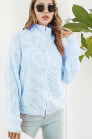 Cardigan Women Pink Turtleneck Front Zipper Knit C