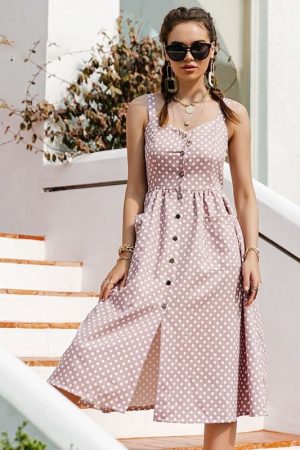 Casual Polka Dot Dress Sleeveless Holiday Style Hi