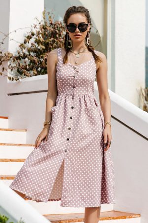 Casual Polka Dot Dress Sleeveless Holiday Style Hi