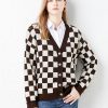Casual V Neck Women Button Black Houndstooth Cardi