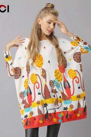 Cat Print Knitted Women Sweater And Pullover Femal