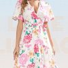Chic Floral Print Surplice V Neck Belted Ruffle He