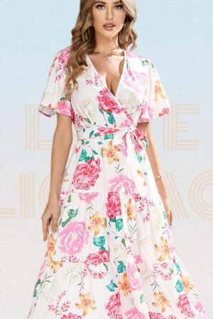 Chic Floral Print Surplice V Neck Belted Ruffle He