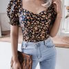 Chiffon Cropped Blouses Women Chic Puff Short Slee