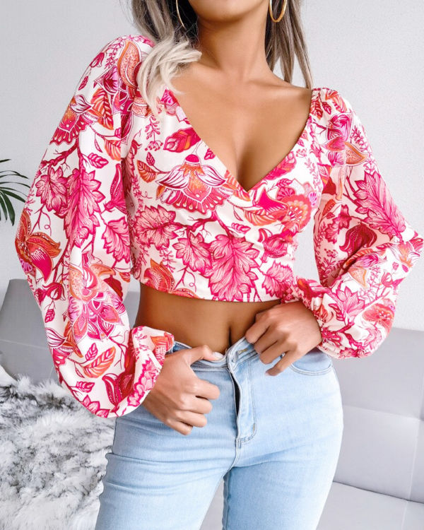 Chiffon Floral Print Women T-Shirt Summer Puff Lon
