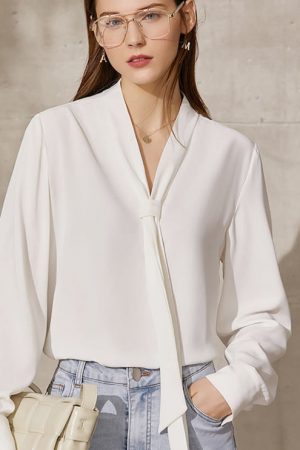 Chiffon Shirt Women's Autumn Office Lady V-Neck Wh