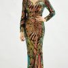 Colorful Sequins Women Maxi Dress V-Neck Long Slee