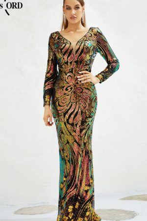 Colorful Sequins Women Maxi Dress V-Neck Long Slee