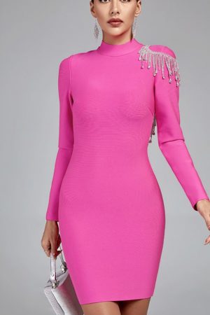 Crystal Pink Women Long Sleeve Party Dress Bodycon