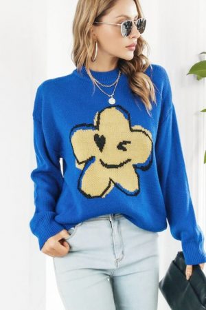 Cute Flower Smiley Cartoon Jacquard Sweater Women