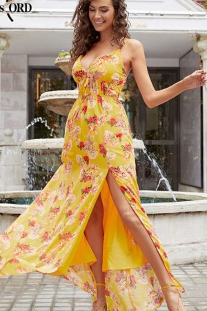 Deep V Floral Print Long Women Dresses Summer Eleg