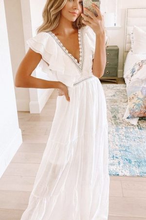 Deep V-Neck Butterfly Sleeve Maxi Dress White High