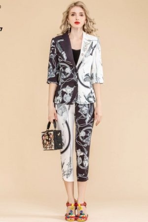 Designer Autumn Chic Print Pants Two Piece Sets Wo